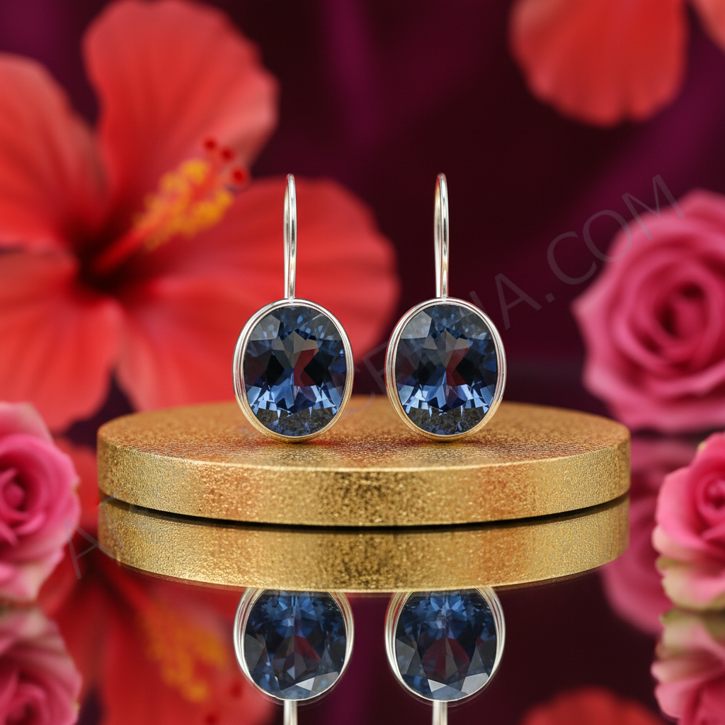 Silver Oval Blue Gemstone Earrings for Women | Daily Wear