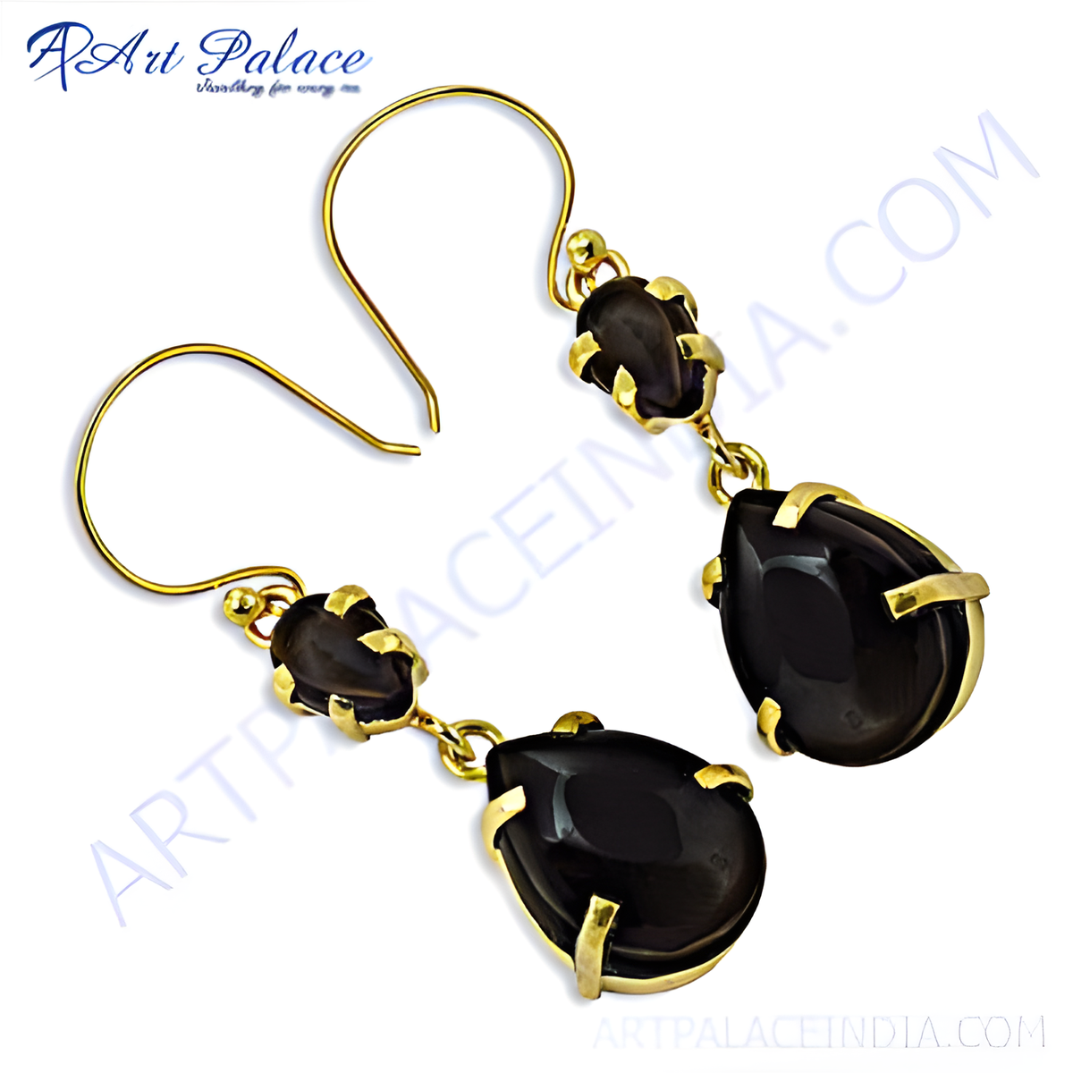 Gold plating plated dangle earrings with black onyx teardrop gemstones