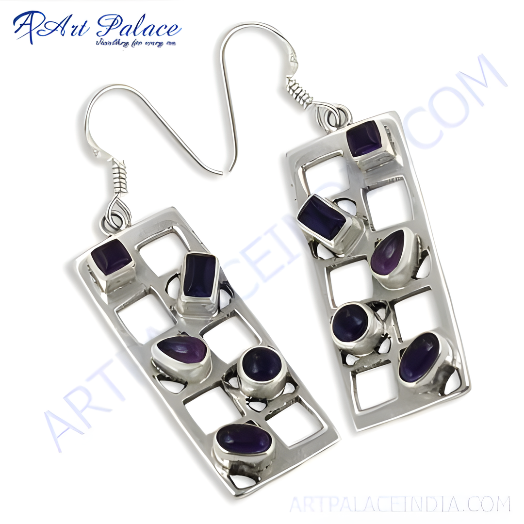 925 sterling silver dangle earrings with rectangular design and amethyst gemstones. Silver fashion jewelry.