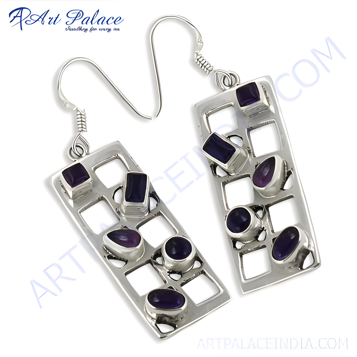 925 sterling silver dangle earrings with rectangular design and amethyst gemstones
