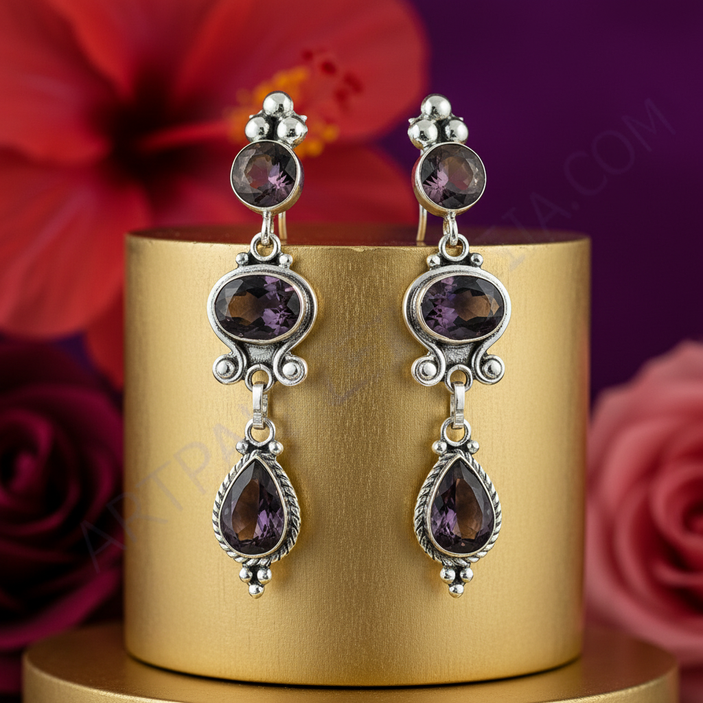 925 Silver Amethyst Drop Earrings for Women | Gemstone Jewelry