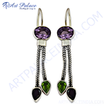 Load image into Gallery viewer, 925 sterling silver dangle earrings with purple amethyst, green peridot, and black onyx gemstones.
