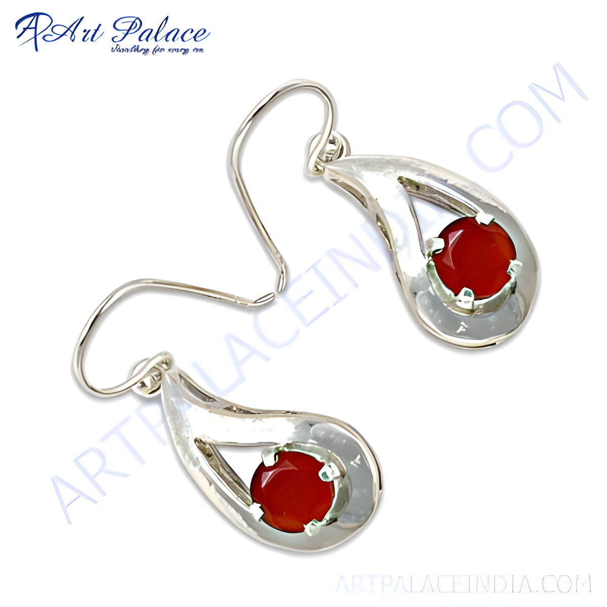 Sterling silver teardrop dangle earrings with a vibrant red carnelian gemstone center, perfect for women