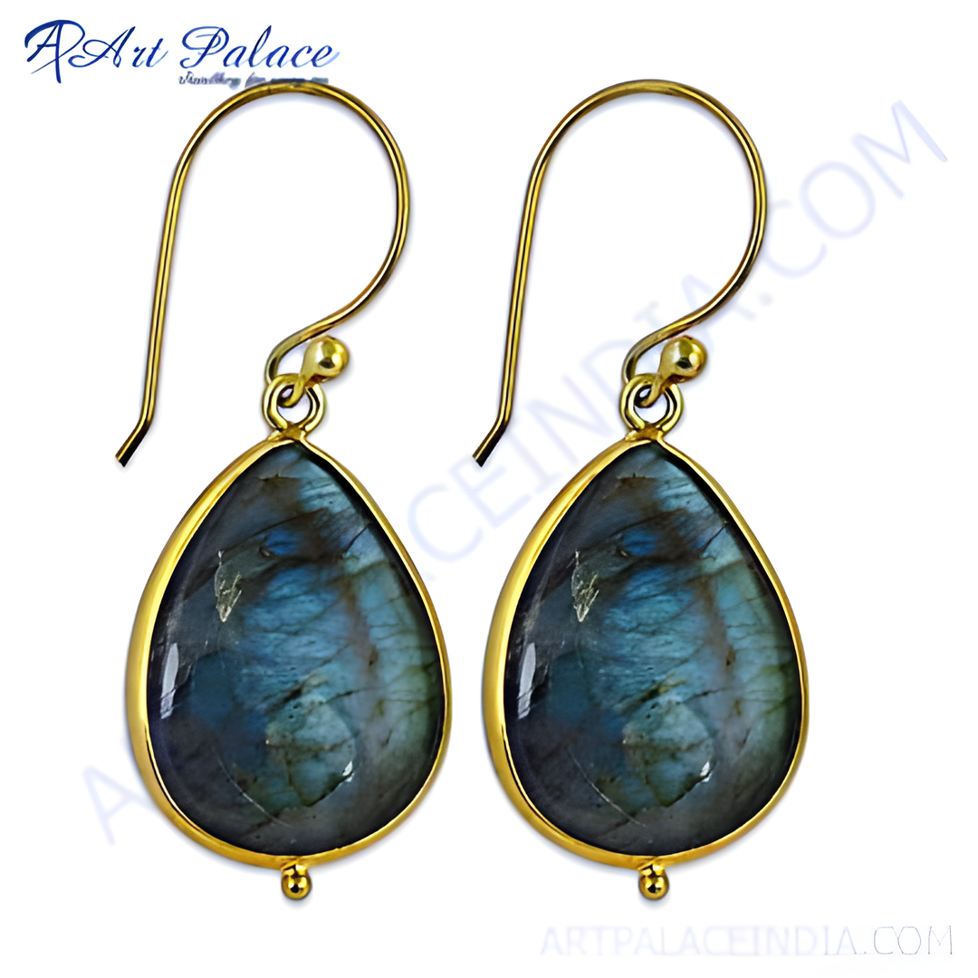 gold plating teardrop earrings featuring iridescent blue labradorite gemstones. Dangle style earrings for women.