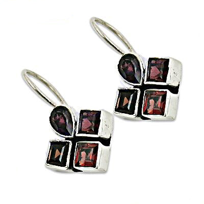 925 Silver Garnet Earrings | Square Studs for Women