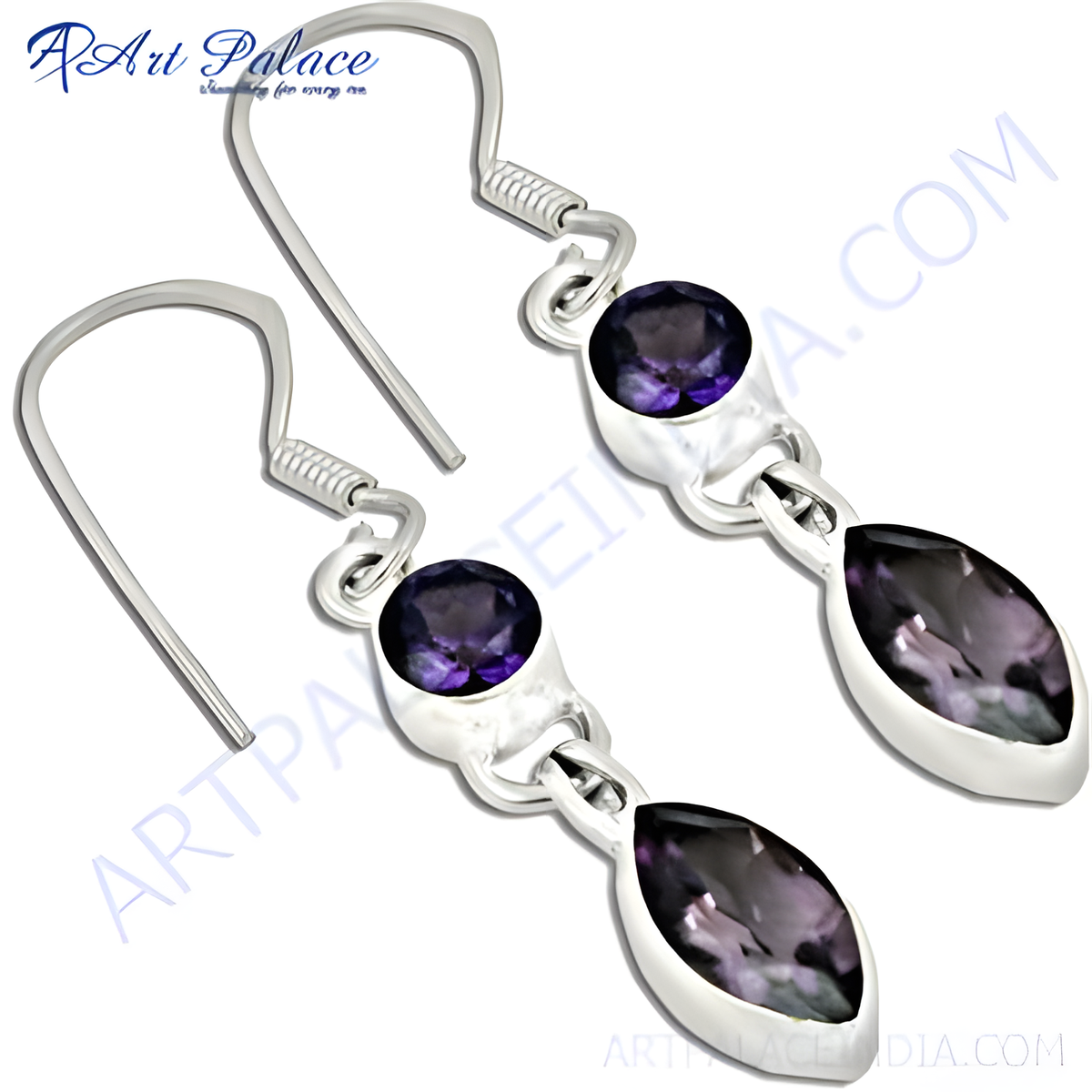 925 sterling silver drop earrings featuring oval and round amethyst gemstones in a beautiful setting