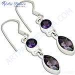 Load image into Gallery viewer, 925 sterling silver drop earrings featuring oval and round amethyst gemstones in a beautiful setting.

