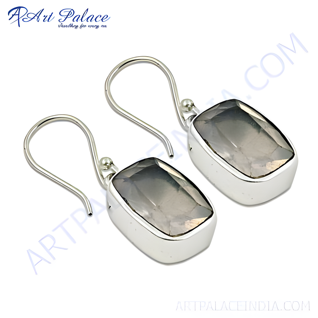 925 sterling silver dangle earrings featuring rectangular smoky quartz gemstones, ideal for women's fashion and daily wear.