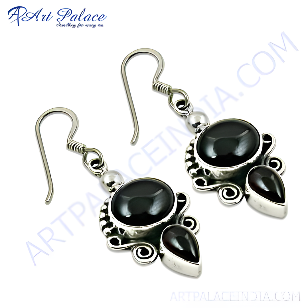 925 sterling silver drop earrings with oval and teardrop-shaped black onyx gemstones.