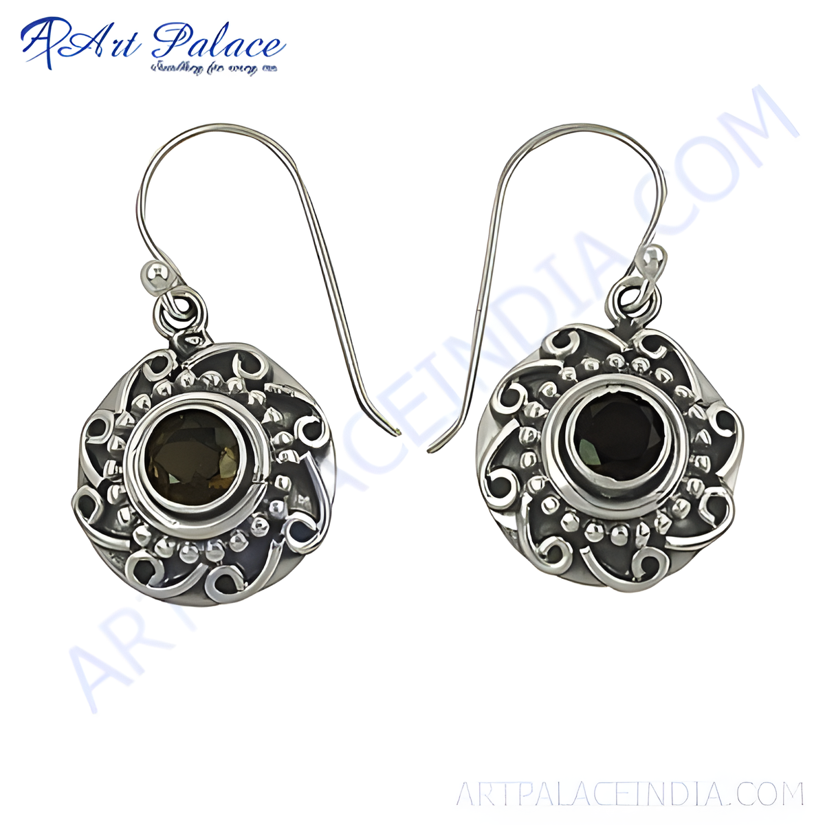 925 sterling silver dangle earrings featuring a central smokey quartz gemstone with intricate design