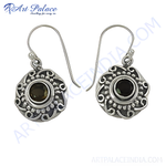 Load image into Gallery viewer, 925 sterling silver dangle earrings featuring a central smokey quartz gemstone with intricate design.
