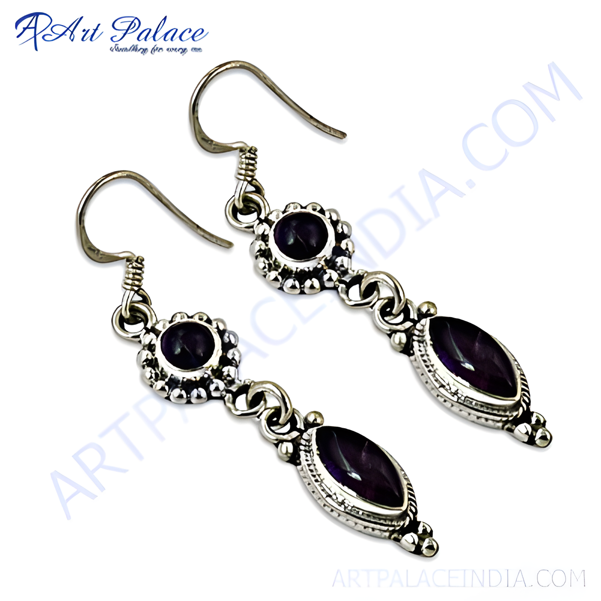 925 sterling silver drop earrings with oval and round amethyst gemstones and hook closures