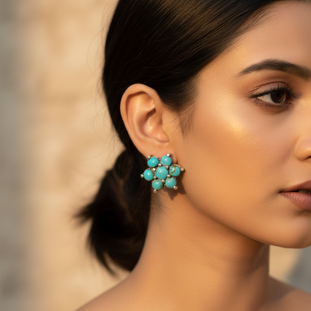 Turquoise Stud Earrings | Sterling Silver Floral Design | Women's