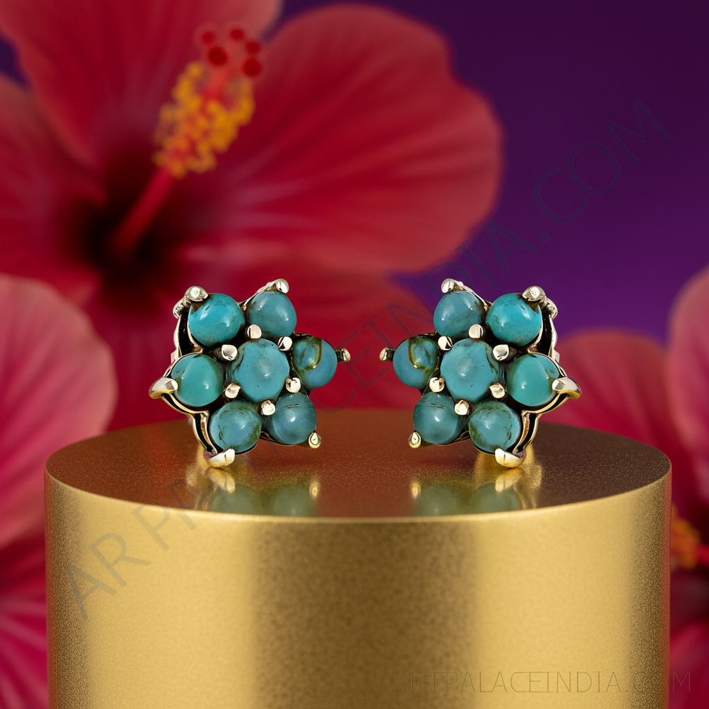 Turquoise Stud Earrings | Sterling Silver Floral Design | Women's