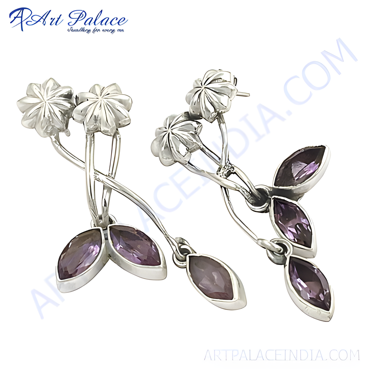 925 sterling silver dangle earrings with amethyst gemstone accents and a flower design