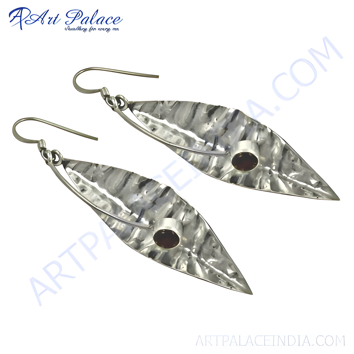 925 sterling silver dangle earrings featuring a leaf design with a hammered texture and a round garnet gemstone center