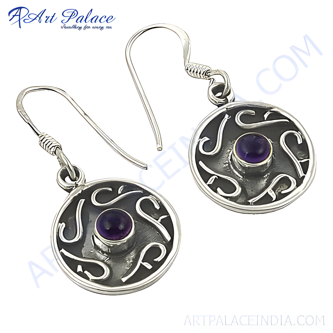 925 sterling silver drop earrings with a central round amethyst gemstone, set against a dark background.