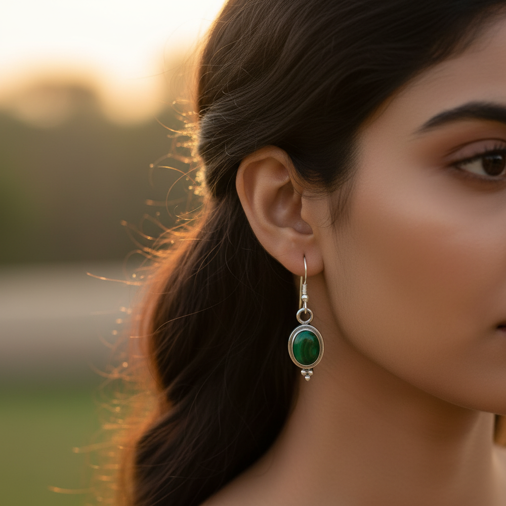 925 Silver Malachite Earrings | Oval Gemstone Earrings for Women