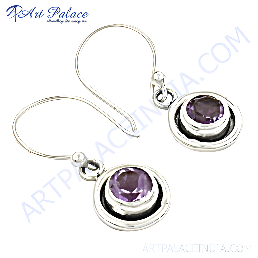 925 sterling silver dangle earrings with round purple amethyst gemstones for women.