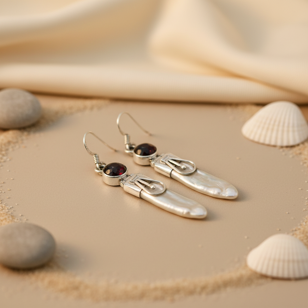 Silver Pearl Garnet Drop Earrings for Women | Statement Jewelry