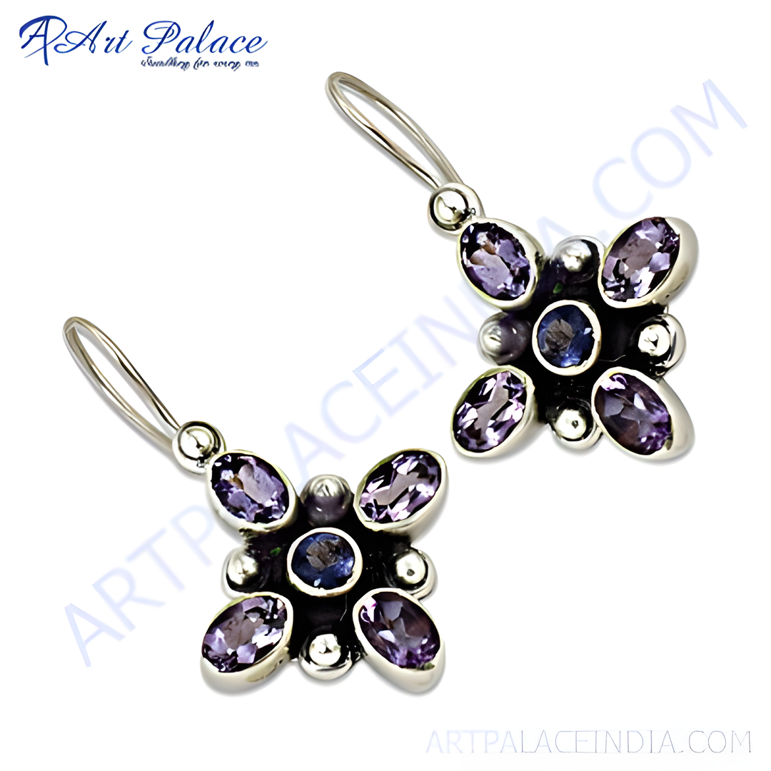 925 sterling silver drop earrings with oval and round purple amethyst gemstones