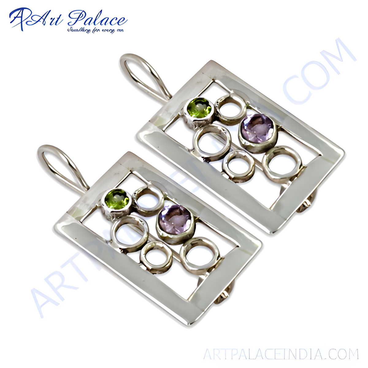 925 sterling silver earrings with amethyst and peridot gemstones and a unique open work design