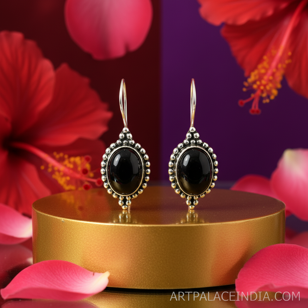 Silver Onyx Oval Dangle Earrings for Women | Black Gemstone Jewelry