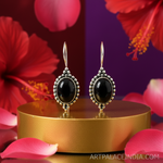 Load image into Gallery viewer, Silver Onyx Oval Dangle Earrings for Women | Black Gemstone Jewelry
