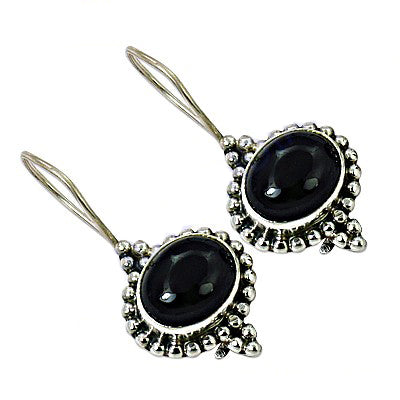Silver Onyx Oval Dangle Earrings for Women | Black Gemstone Jewelry