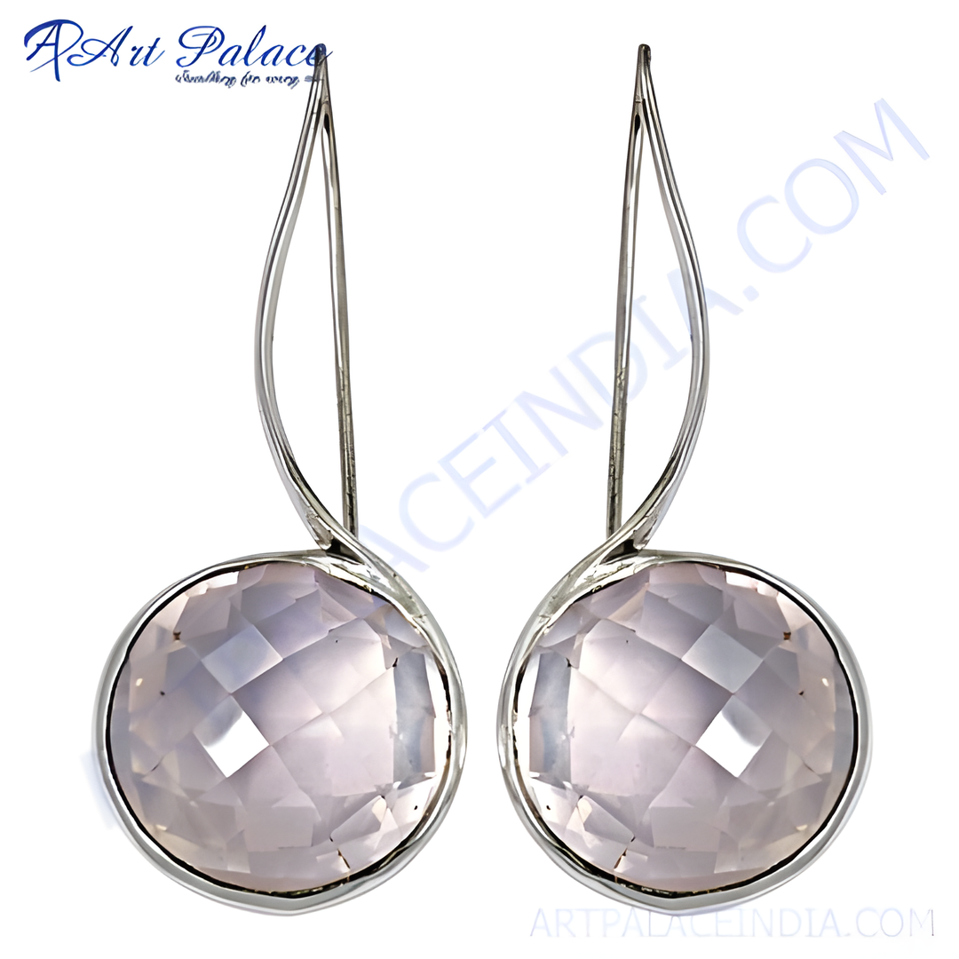 925 sterling silver drop earrings featuring faceted round rose quartz gemstones in a silver setting.