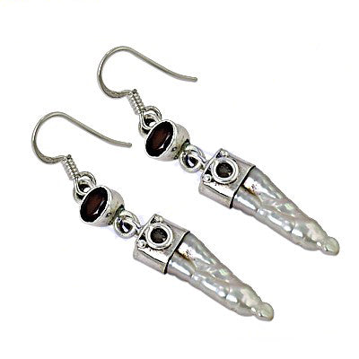 925 Silver Pearl Drop Earrings with Garnet Gemstone | For Women
