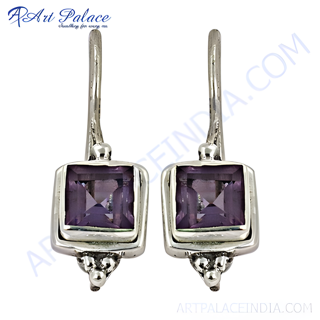 925 sterling silver dangle earrings featuring square-cut purple amethyst gemstones for women.
