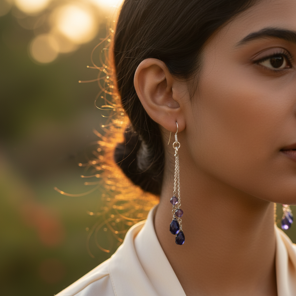 Silver Dangle Earrings with Purple Gemstones | For Women