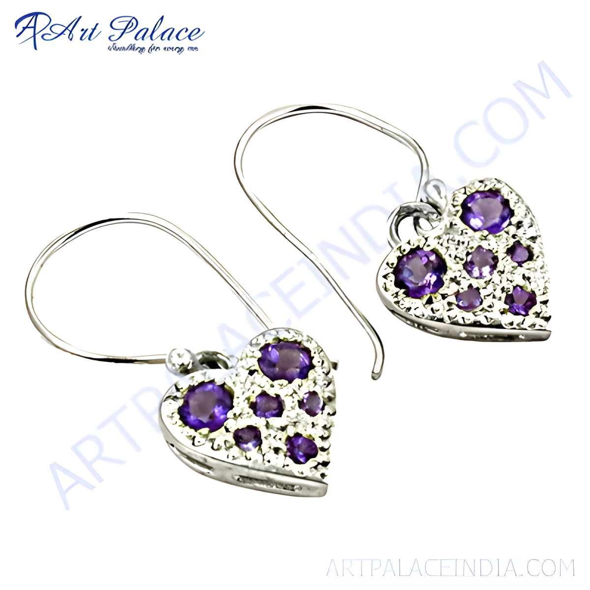 925 sterling silver dangle earrings with heart shaped amethyst gemstones, purple color