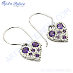 Load image into Gallery viewer, 925 sterling silver dangle earrings with heart shaped amethyst gemstones, purple color
