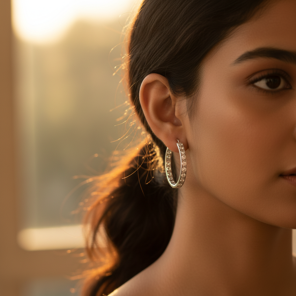 Silver hoop earrings with cz stones | women's fashion jewelry