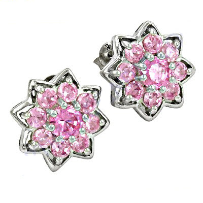 Pink Sapphire Flower Stud Earrings in Sterling Silver | For Women