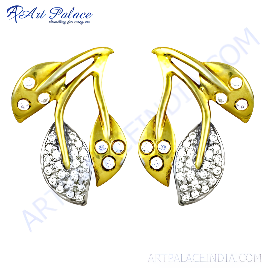 gold plating and silver leaf stud earrings with sparkling cubic zirconia stones, perfect for women.