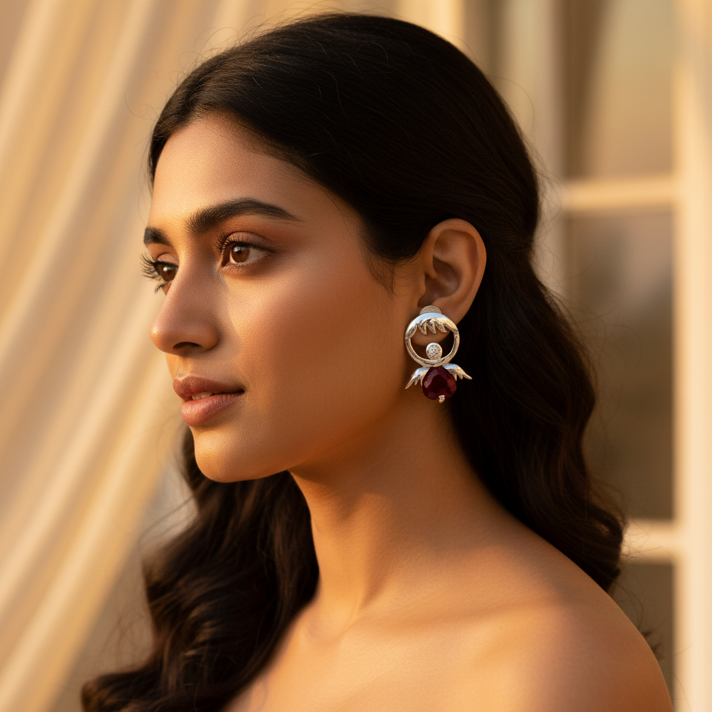 Silver Ruby Earrings | Floral Studs for Women | Gift Jewelry