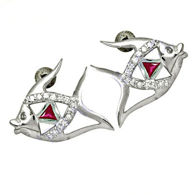 Silver Fish Stud Earrings with Ruby Stone for Women