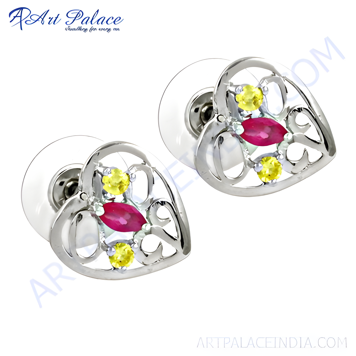 Silver heart stud earrings featuring ruby and yellow gemstones, perfect for women