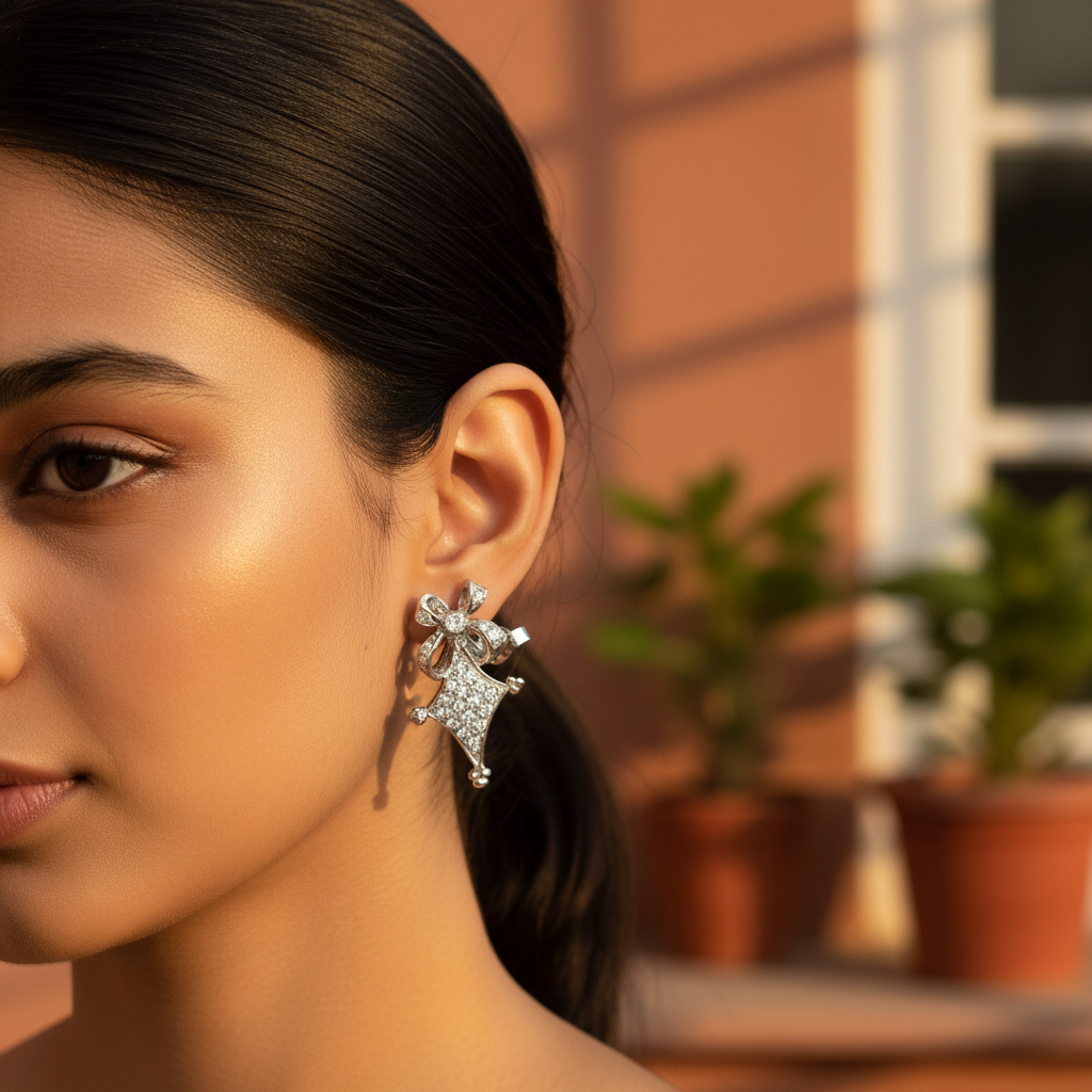 Silver Bow Stud Earrings with Cubic Zirconia | Women's Jewelry