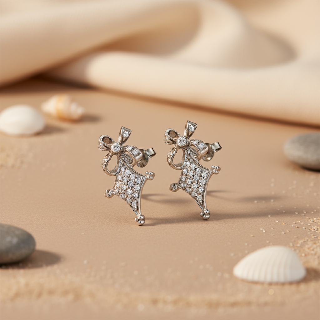 Silver Bow Stud Earrings with Cubic Zirconia | Women's Jewelry