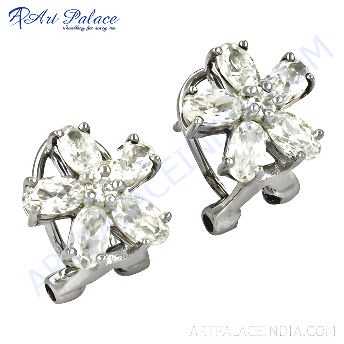 Floral stud earrings with sparkling cubic zirconia stones, set in polished metal, women's fashion jewelry
