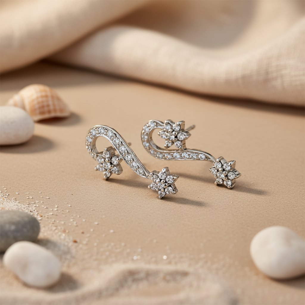 Silver Crystal Floral Drop Earrings for Women | Party Jewelry