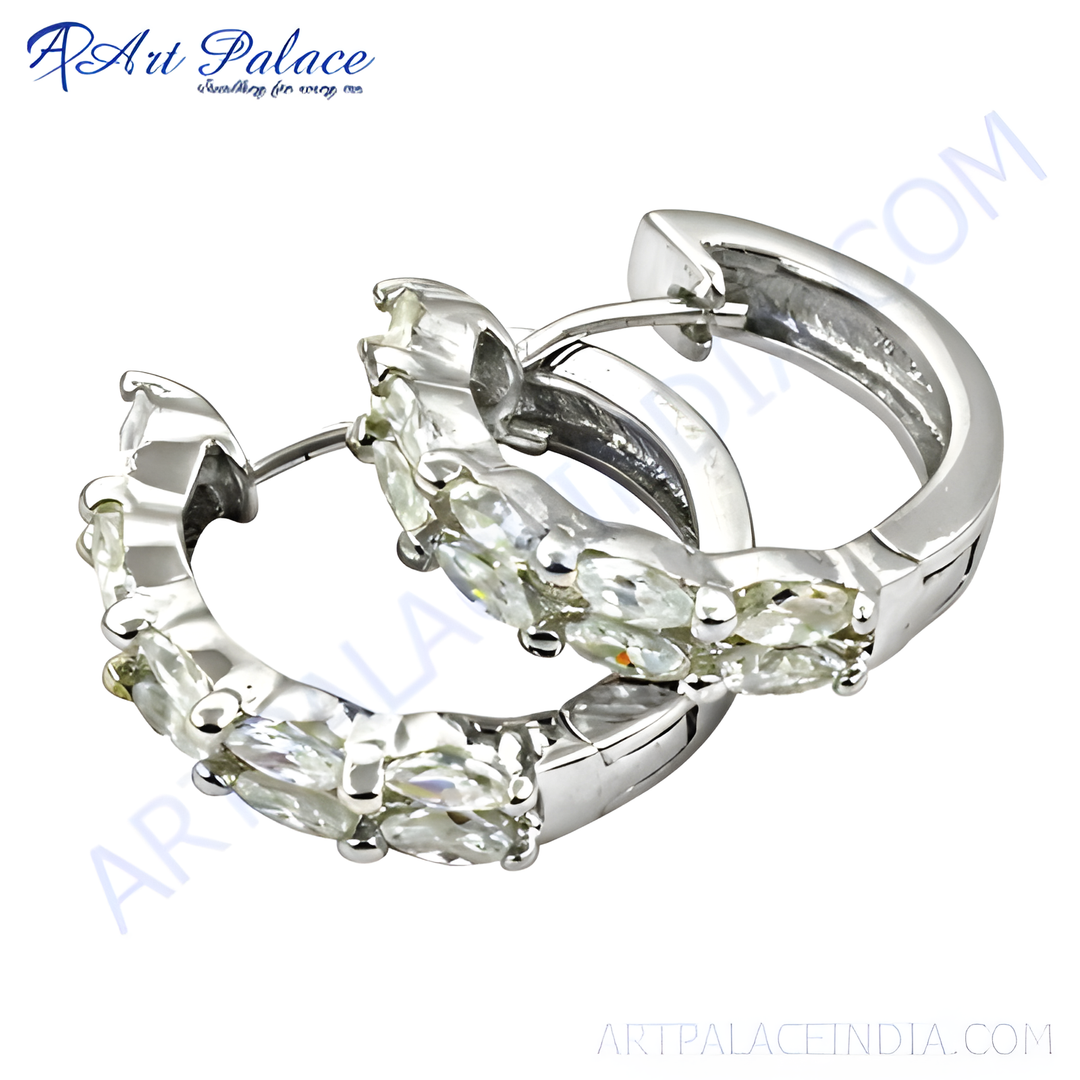 Silver hoop earrings with marquise-cut cubic zirconia stones.