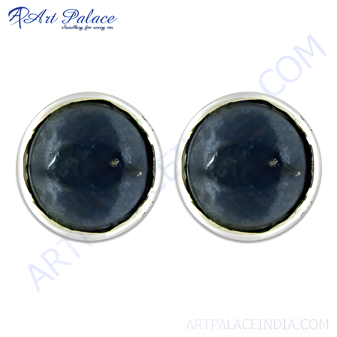 925 sterling silver stud earrings with dark blue gemstone centers, round design, for women.