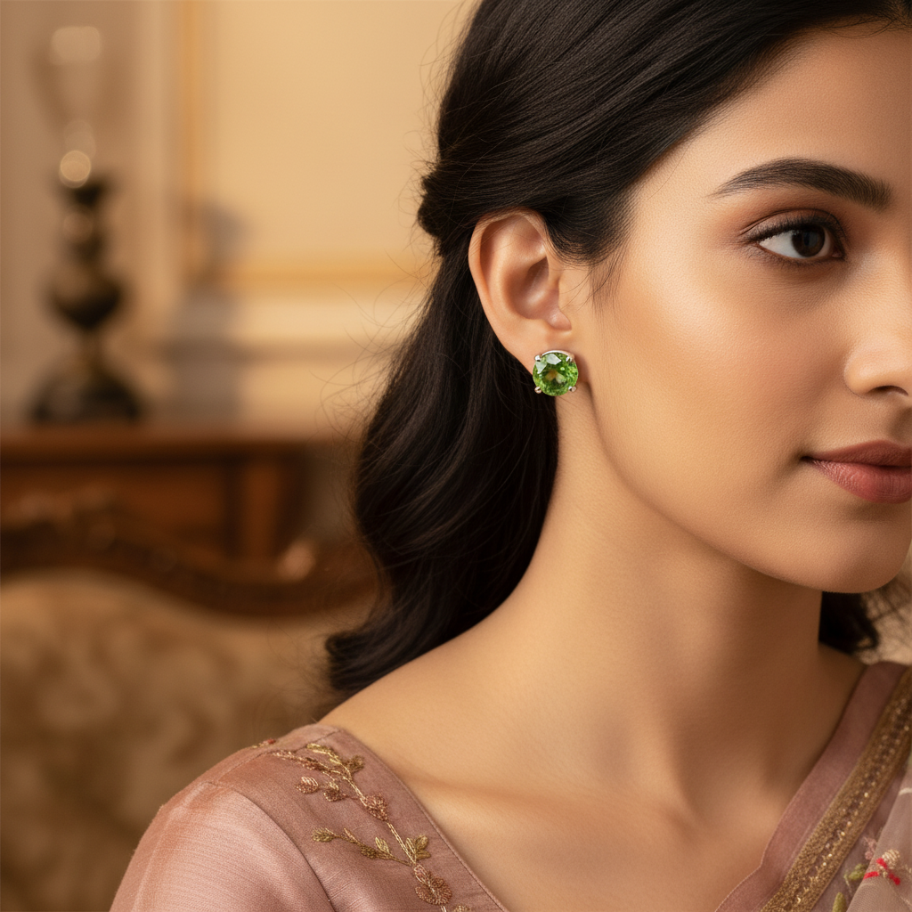 Silver Peridot Stud Earrings for Women | Green Gemstone Jewelry