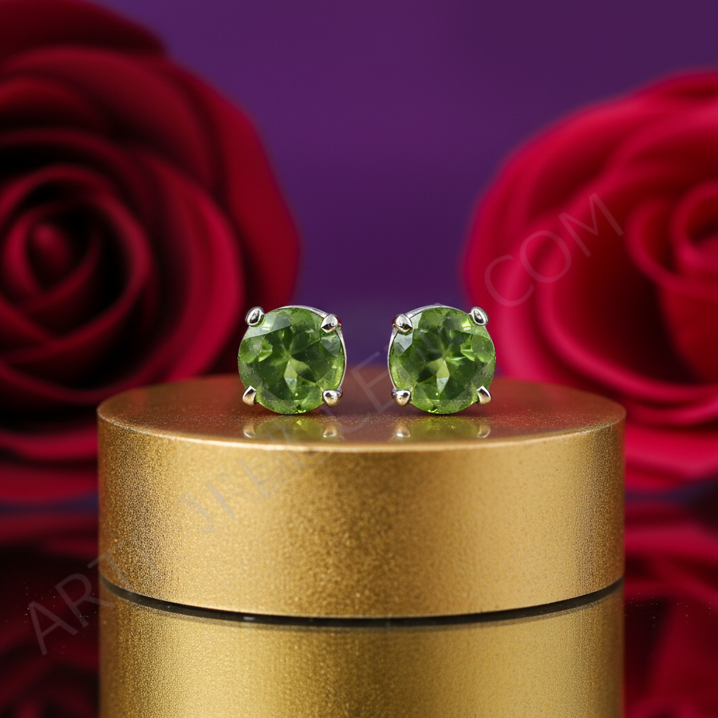 Silver Peridot Stud Earrings for Women | Green Gemstone Jewelry