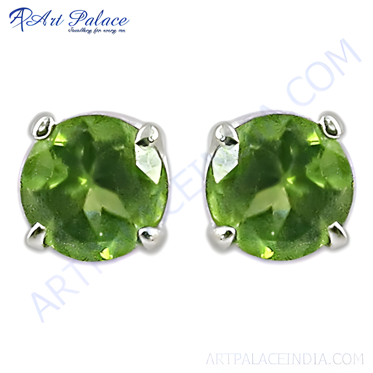 Silver stud earrings with round cut, vibrant green peridot gemstones